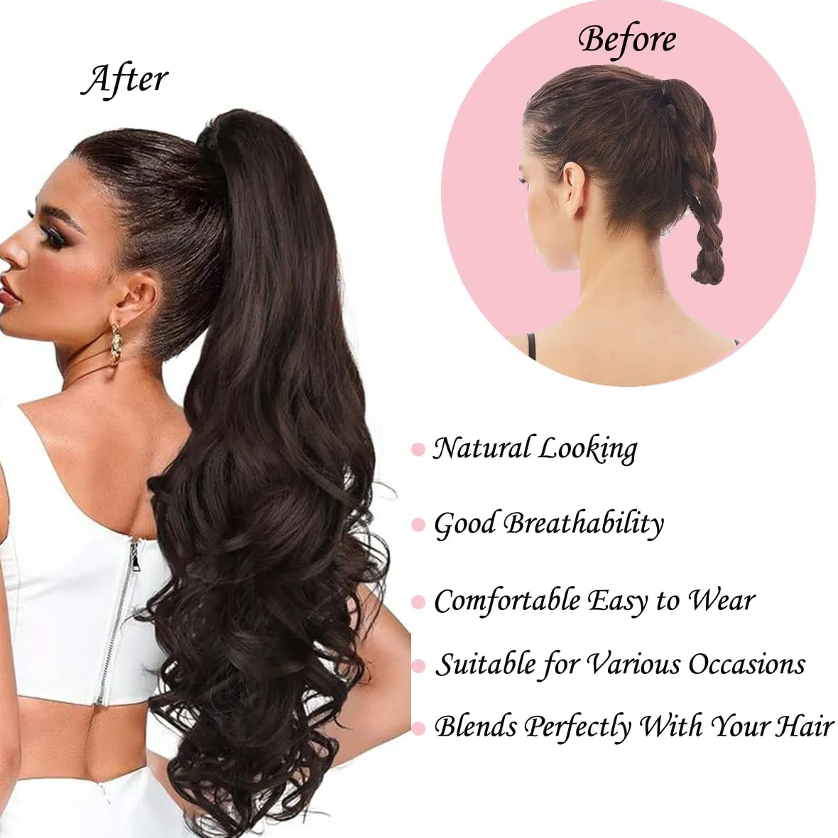 Long Curly PonyTail Hair Extensions 22Inch Black Claw Wavy Ponytail Extension for Women Fluffy Synthetic Clip in Hairpiece for Daily Use(22Inch,Black)