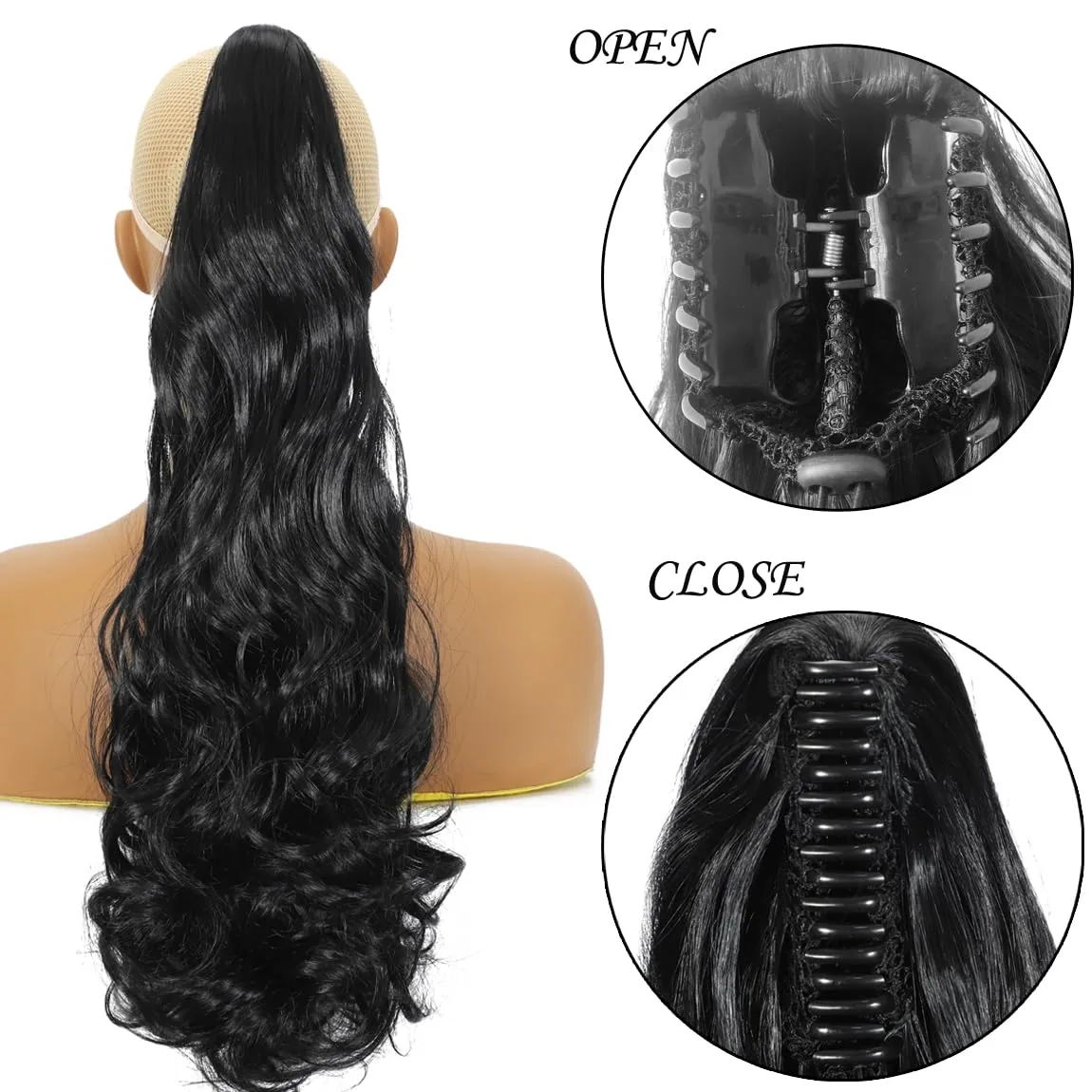 Long Curly PonyTail Hair Extensions 22Inch Black Claw Wavy Ponytail Extension for Women Fluffy Synthetic Clip in Hairpiece for Daily Use(22Inch,Black)