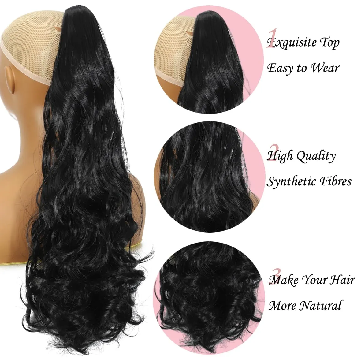 Long Curly PonyTail Hair Extensions 22Inch Black Claw Wavy Ponytail Extension for Women Fluffy Synthetic Clip in Hairpiece for Daily Use(22Inch,Black)