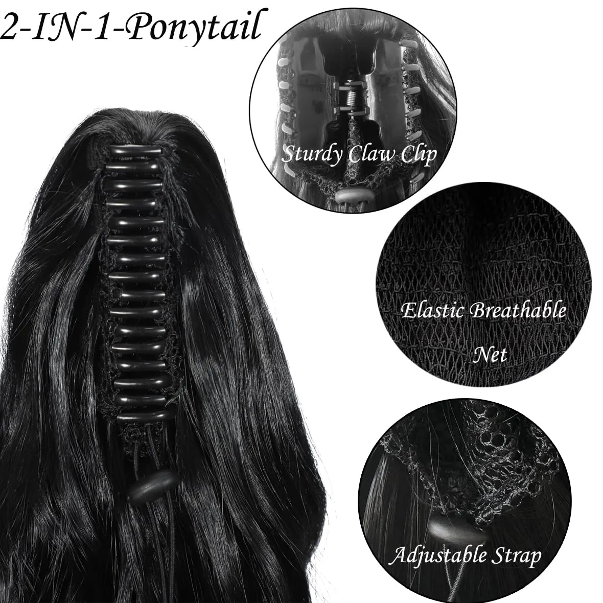 Long Curly PonyTail Hair Extensions 22Inch Black Claw Wavy Ponytail Extension for Women Fluffy Synthetic Clip in Hairpiece for Daily Use(22Inch,Black)