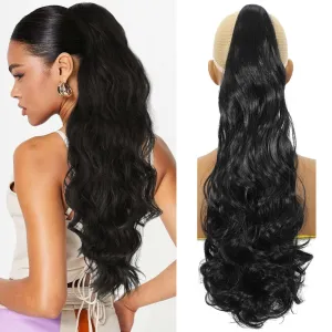 Long Curly PonyTail Hair Extensions 22Inch Black Claw Wavy Ponytail Extension for Women Fluffy Synthetic Clip in Hairpiece for Daily Use(22Inch,Black)