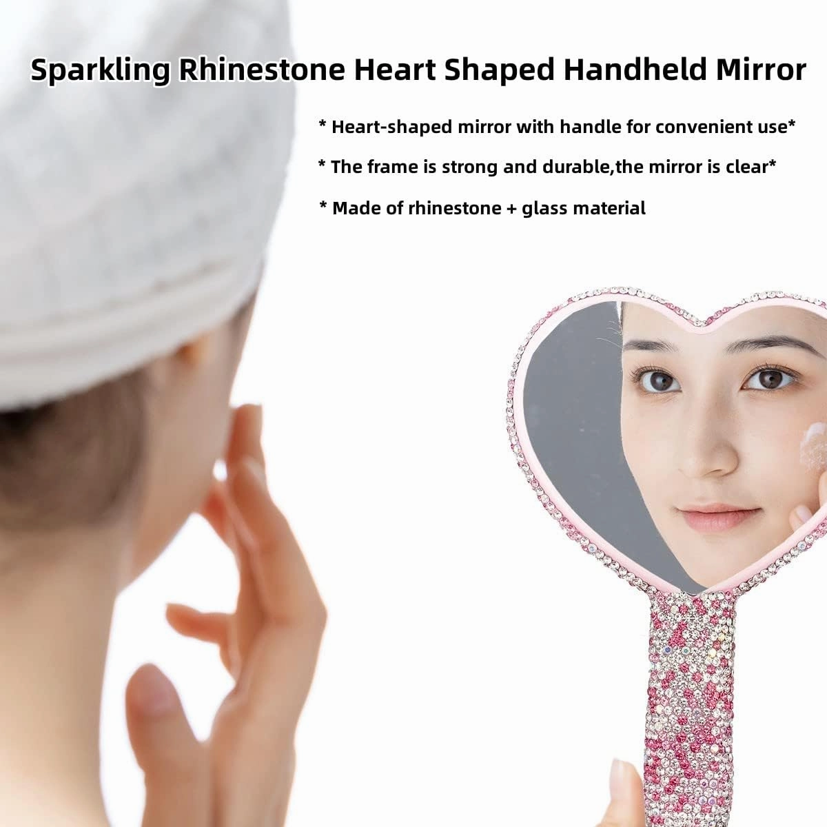 LOPURO Sparkling Rhinestone Heart Shaped Handheld Mirror, Rhinestone Handheld Heart Mirror Bling Glitter Cute Cosmetic Hand Mirror with Handle Portable Makeup Mirror for Women Travel