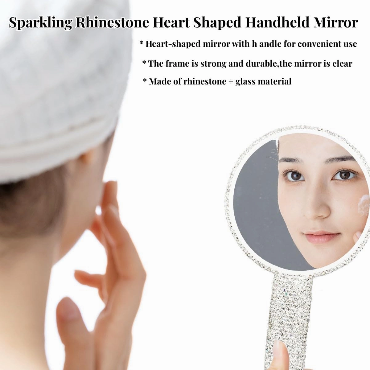 LOPURO Sparkling Rhinestone Round Shaped Handheld Mirror, Rhinestone Handheld Round Mirror Bling Glitter Cute Cosmetic Hand Mirror with Handle Portable Makeup Mirror for Women Travel