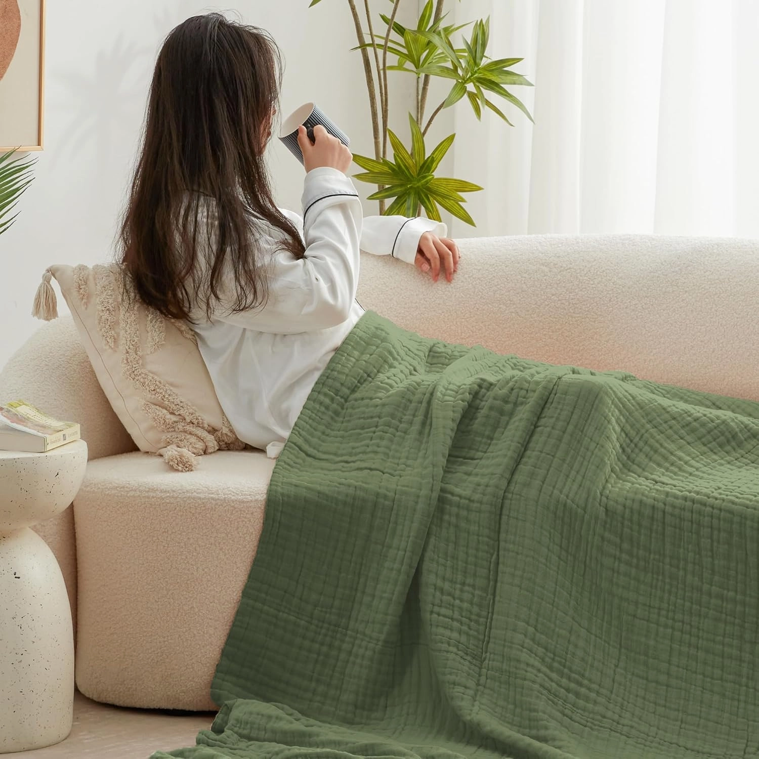 Love's cabin 6 Layer 100% Cotton Muslin Blanket, 50"x60" Throw Muslin Blanket for Couch Bed, Sage Green Muslin Throw Blanket, Lightweight and Breathable Cotton Gauze for Adult