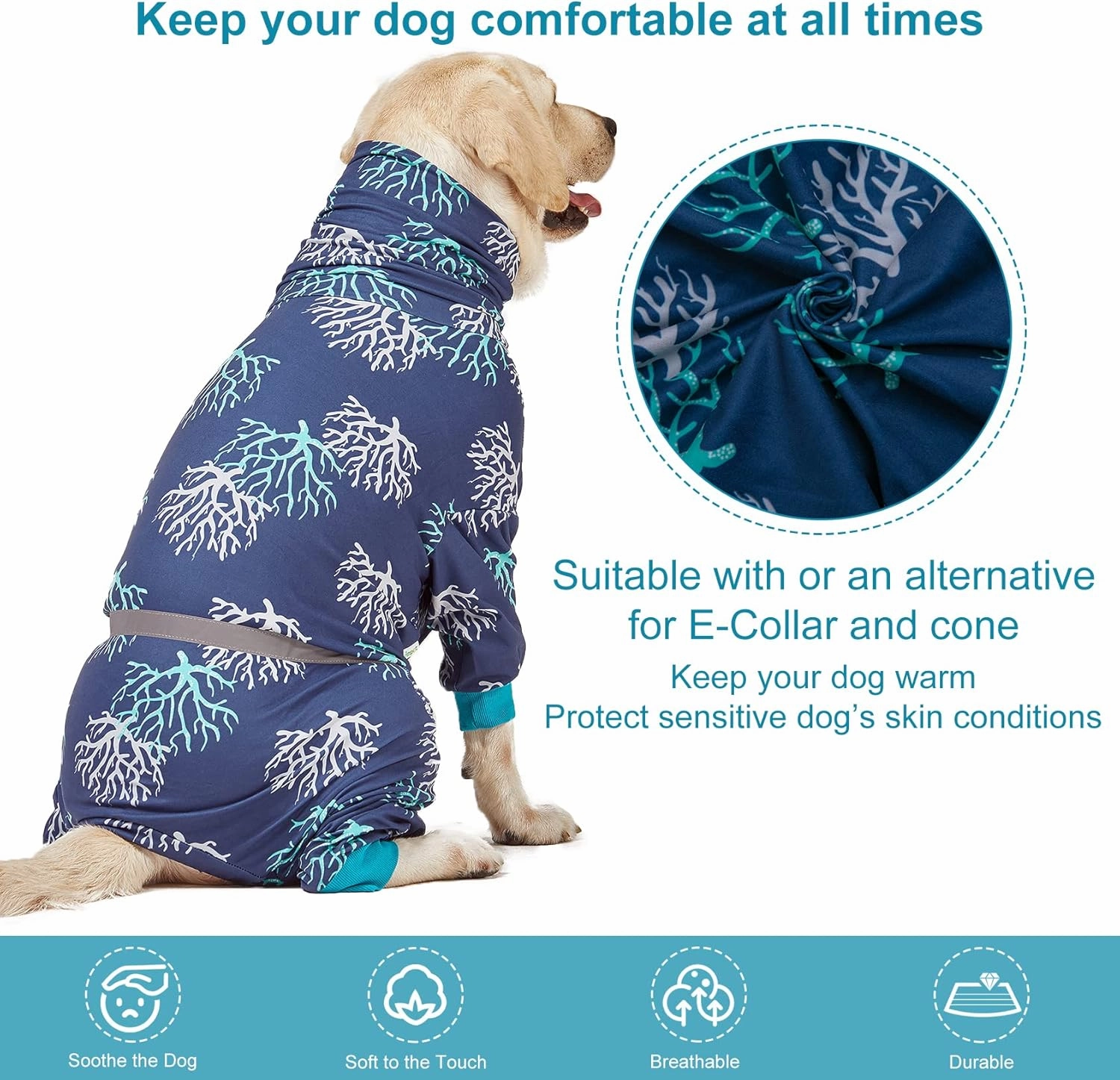 LovinPet Boxer Dogs Onesie Pajamas - UV Protection&Wound Care, Anxiety Relief, Lightweight Stretchy Fabric, Reflective Stripe, Coral Tree Print, Post Surgery Clothes, Pet PJ's/Medium