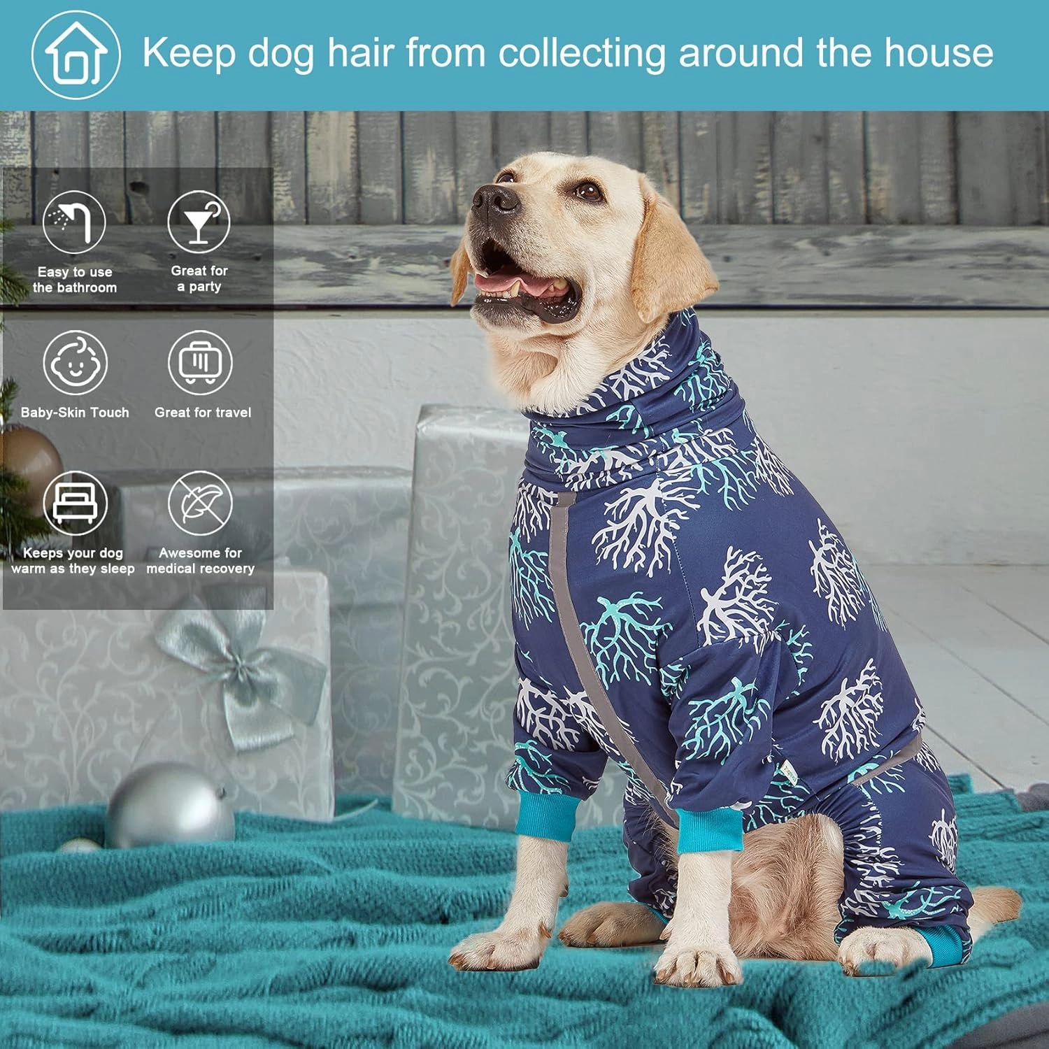 LovinPet Boxer Dogs Onesie Pajamas - UV Protection&Wound Care, Anxiety Relief, Lightweight Stretchy Fabric, Reflective Stripe, Coral Tree Print, Post Surgery Clothes, Pet PJ's/Medium