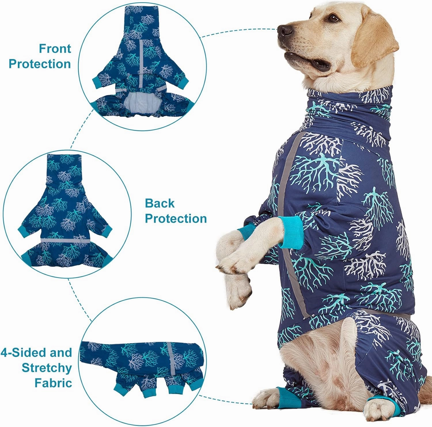LovinPet Boxer Dogs Onesie Pajamas - UV Protection&Wound Care, Anxiety Relief, Lightweight Stretchy Fabric, Reflective Stripe, Coral Tree Print, Post Surgery Clothes, Pet PJ's/Medium