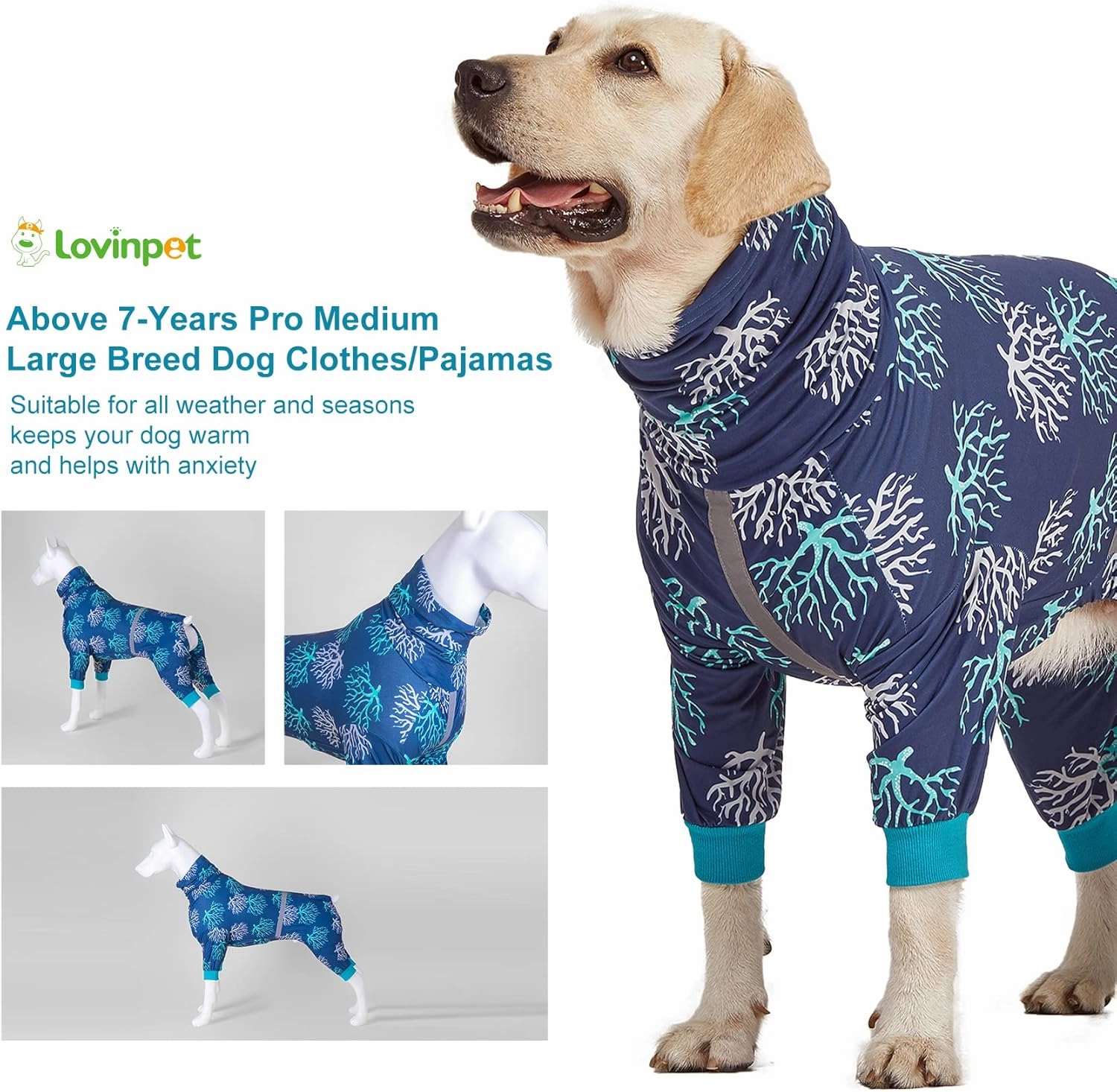 LovinPet Boxer Dogs Onesie Pajamas - UV Protection&Wound Care, Anxiety Relief, Lightweight Stretchy Fabric, Reflective Stripe, Coral Tree Print, Post Surgery Clothes, Pet PJ's/Medium