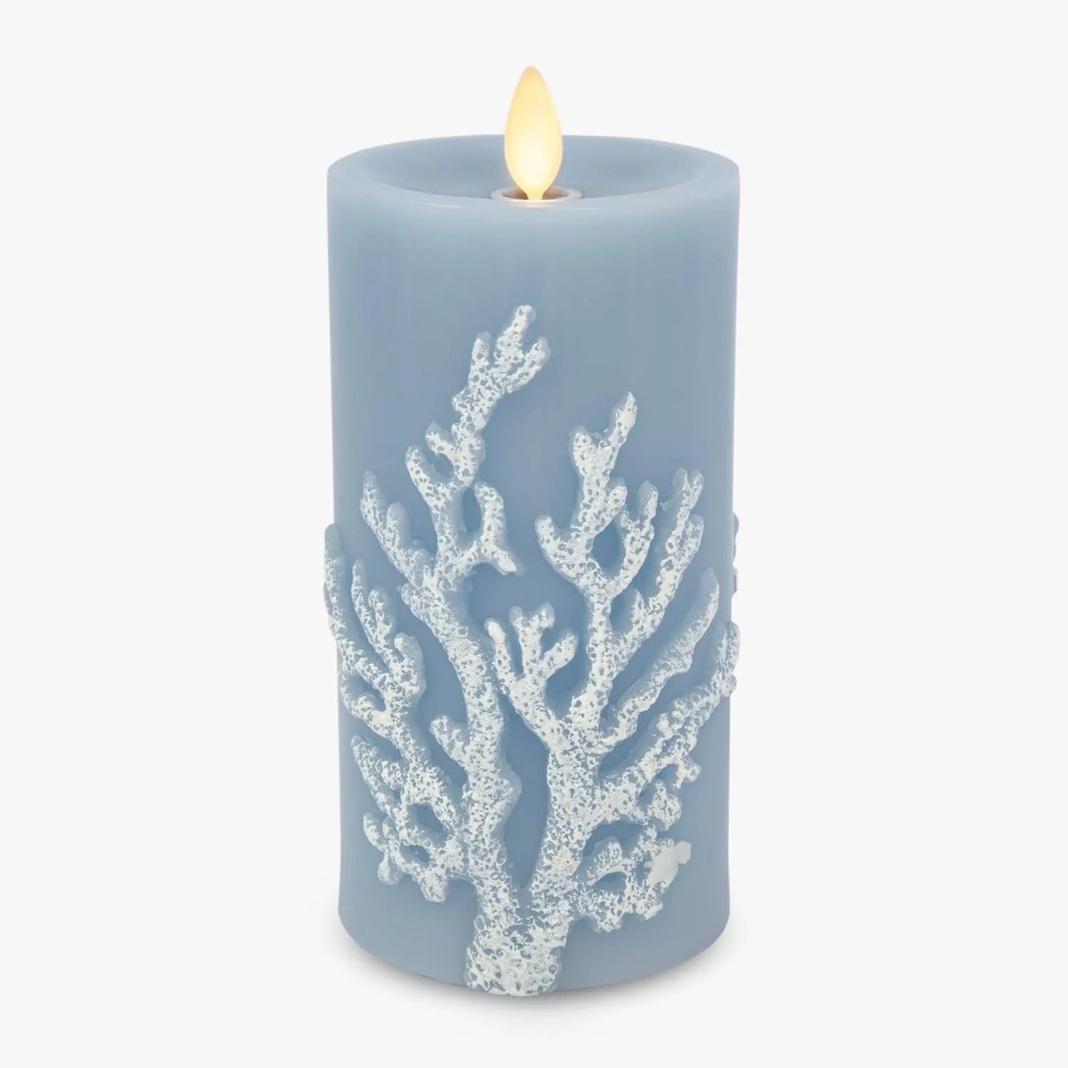 Luminara Embossed Coral Flameless LED Candle Moving Flame Pillar, Unscented Real Wax with Recessed Edge 3" x 6.5" (Soft Chambray)