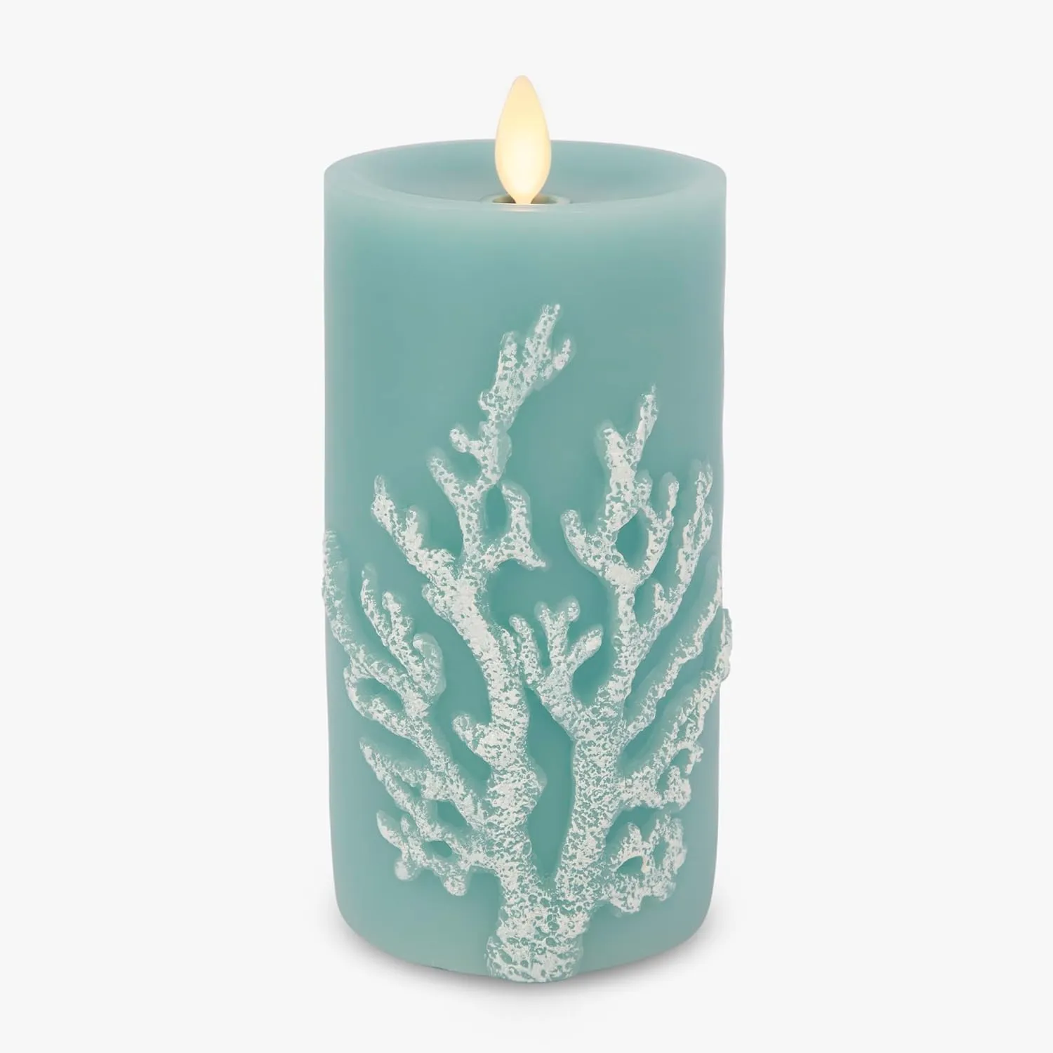 Luminara Embossed Coral Flameless LED Candle Moving Flame Pillar, Unscented Real Wax with Recessed Edge- 3" x 6.5" (Soft Teal)