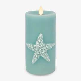 Luminara Embossed Starfish Flameless LED Candle Moving Flame Pillar Unscented Real Wax with Recessed Edge - 3" x 6.5" (Soft Teal)