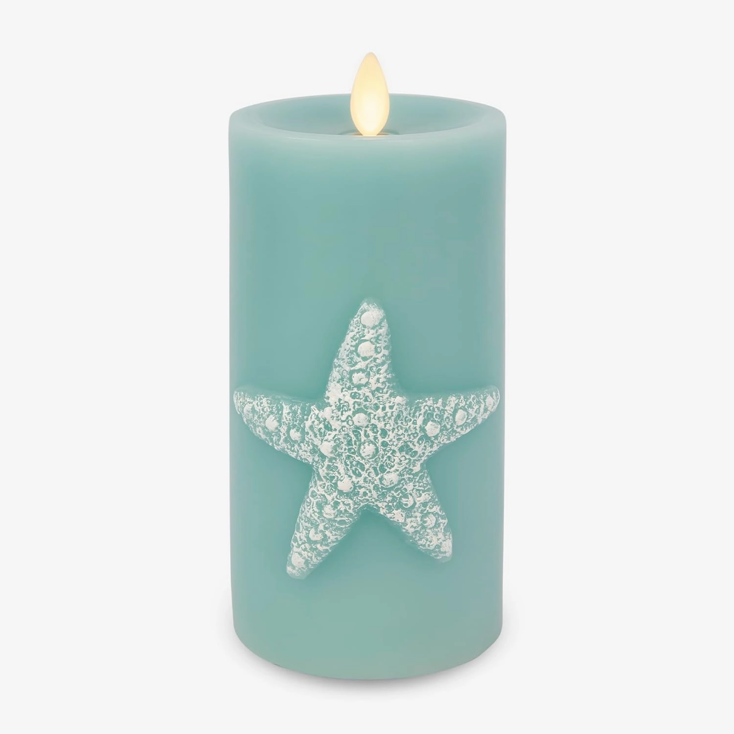 Luminara Embossed Starfish Flameless LED Candle Moving Flame Pillar Unscented Real Wax with Recessed Edge - 3" x 6.5" (Soft Teal)