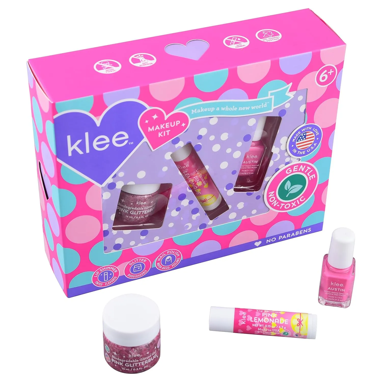 Luna Star Klee Makeup Kit with Nail Polish, Glitter Gel and Lip Shimmer. Kid-Friendly and Non-Toxic. Made in USA. (Pink Sugar Swirls)