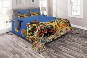 Lunarable Ocean Coverlet, Submerged Colorful Coral Colony on Reef Exotic Fishes Tranquil Shallow Sea Picture, 3 Piece Decorative Quilted Bedspread Set with 2 Pillow Shams, King Size, Multicolor