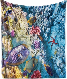 Lunarable Ocean Throw Blanket, Exotic Coral Reefs Fish Starfish Shallow Clean Lagoon Egyptian Red Sea Image, Flannel Fleece Accent Piece Soft Couch Cover for Adults, 50" x 60", Multicolor