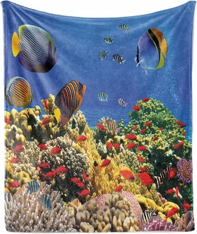 Lunarable Ocean Throw Blanket, Submerged Colorful Coral Colony on Reef Exotic Fishes Tranquil Shallow Sea Picture, Flannel Fleece Accent Piece Soft Couch Cover for Adults, 50" x 60", Multicolor