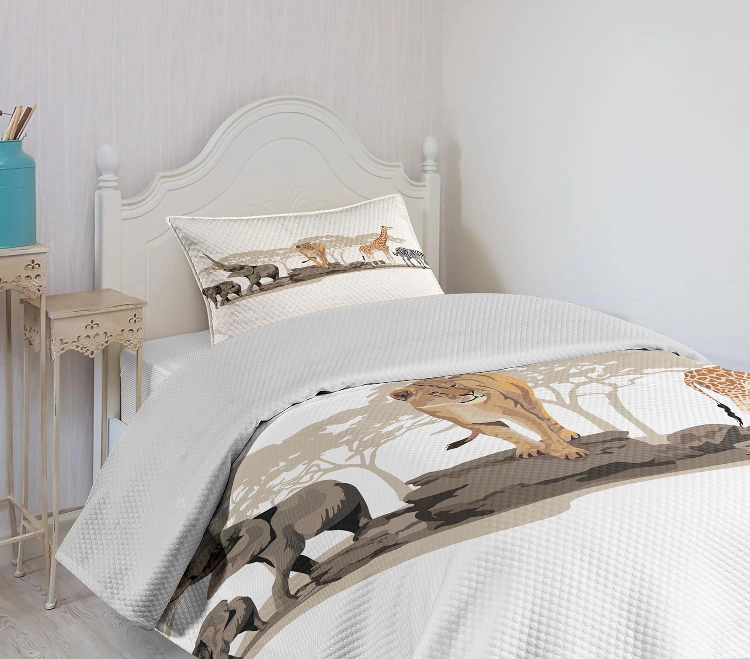 Lunarable Savannah Bedspread, Cartoon Illustration of Wild Savannahs Animals Exotic Giraffe Lion Zebra Print, Decorative Quilted 2 Piece Coverlet Set with Pillow Sham, Twin Size, Beige