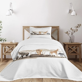 Lunarable Savannah Bedspread, Cartoon Illustration of Wild Savannahs Animals Exotic Giraffe Lion Zebra Print, Decorative Quilted 2 Piece Coverlet Set with Pillow Sham, Twin Size, Beige