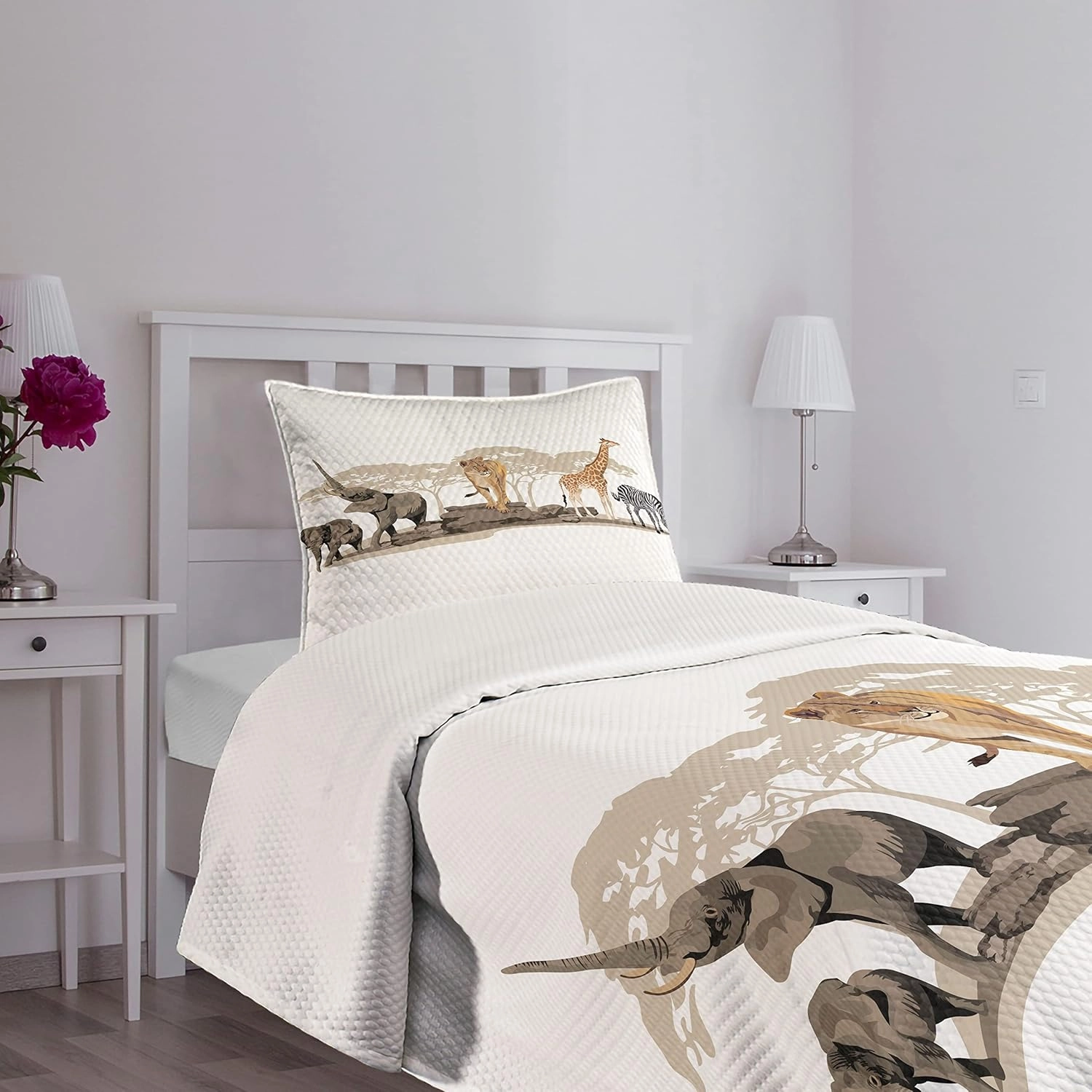 Lunarable Savannah Bedspread, Cartoon Illustration of Wild Savannahs Animals Exotic Giraffe Lion Zebra Print, Decorative Quilted 2 Piece Coverlet Set with Pillow Sham, Twin Size, Beige