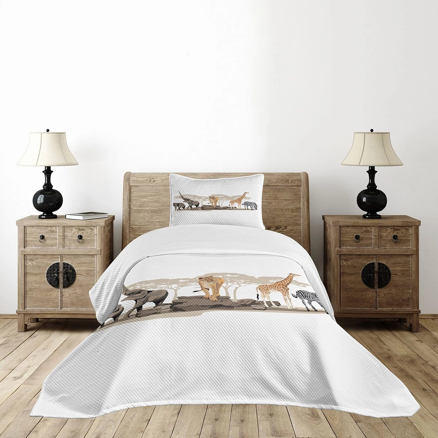 Lunarable Savannah Bedspread, Cartoon Illustration of Wild Savannahs Animals Exotic Giraffe Lion Zebra Print, Decorative Quilted 2 Piece Coverlet Set with Pillow Sham, Twin Size, Beige
