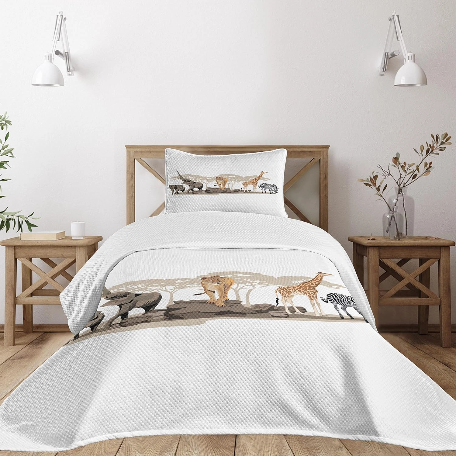 Lunarable Savannah Bedspread, Cartoon Illustration of Wild Savannahs Animals Exotic Giraffe Lion Zebra Print, Decorative Quilted 2 Piece Coverlet Set with Pillow Sham, Twin Size, Beige