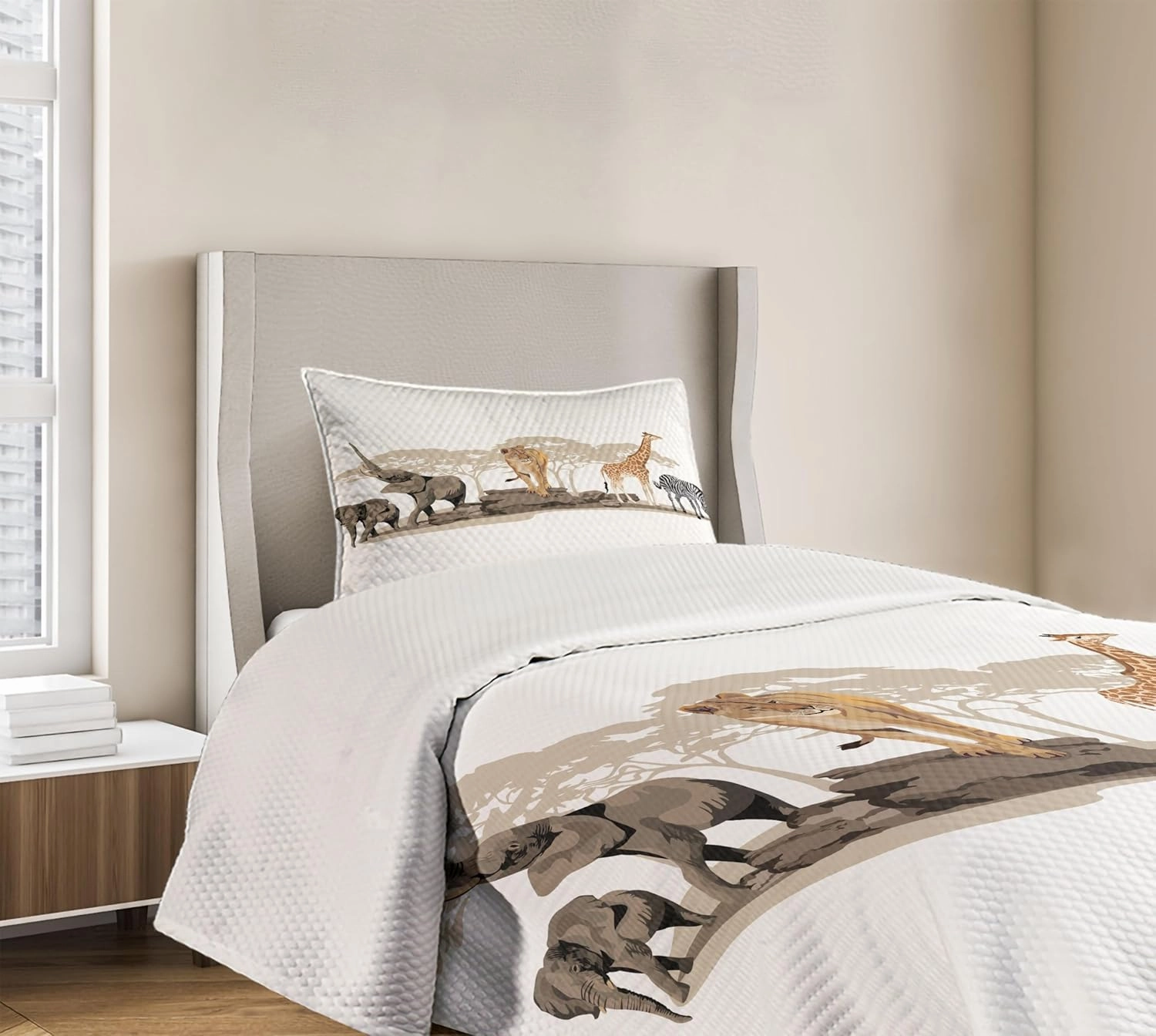 Lunarable Savannah Bedspread, Cartoon Illustration of Wild Savannahs Animals Exotic Giraffe Lion Zebra Print, Decorative Quilted 2 Piece Coverlet Set with Pillow Sham, Twin Size, Beige