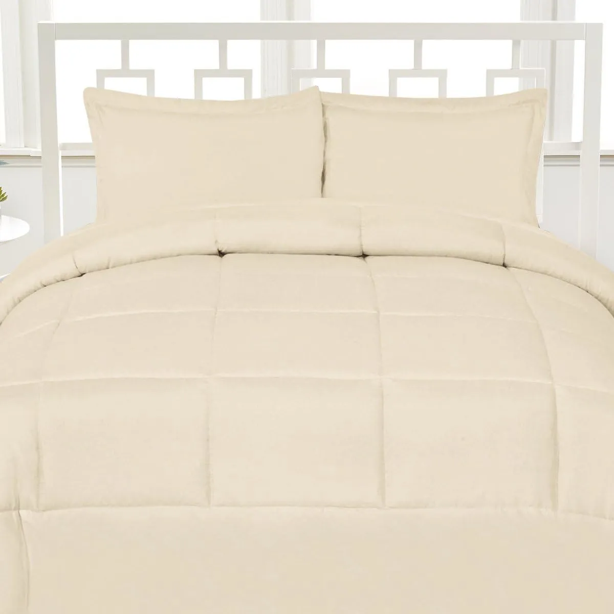 Luxurious Down Alternative Soft Solid Color Comforter Box Stitch Brushed Microfiber Bedding-Full, Beige