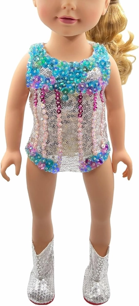 Luxurious Hand-Beaded Sequin Outfit with Silver Boots for 18 Inches American Doll (Medium for 18" Journ..Girl Doll)