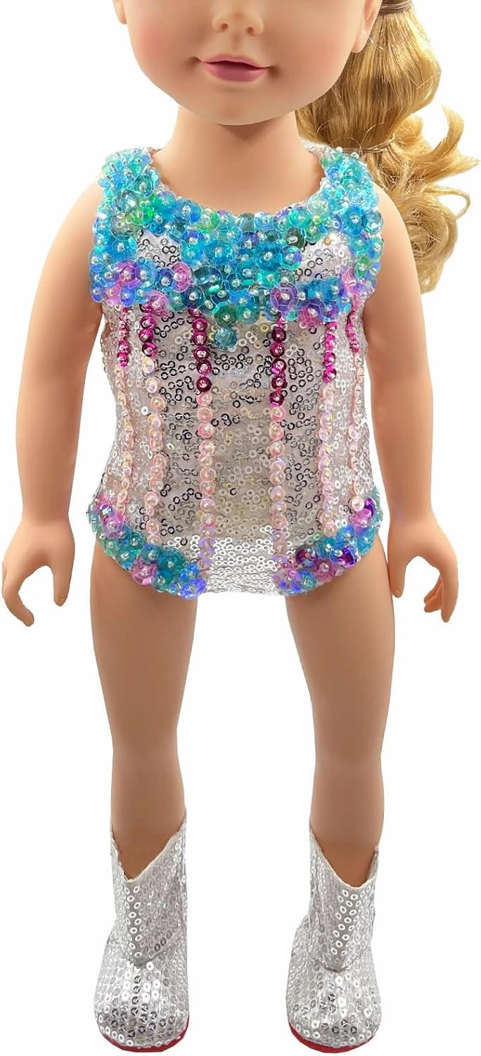 Luxurious Hand-Beaded Sequin Outfit with Silver Boots for 18 Inches American Doll (Medium for 18" Journ..Girl Doll)