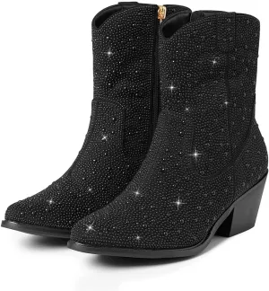 Lyrisiphy Rhinestone Cowboy Boots for Women Pointed Toe Cowgirl Boots Sparkly Boots Glitter Boots Wide Calf Western Boots Pink Boots