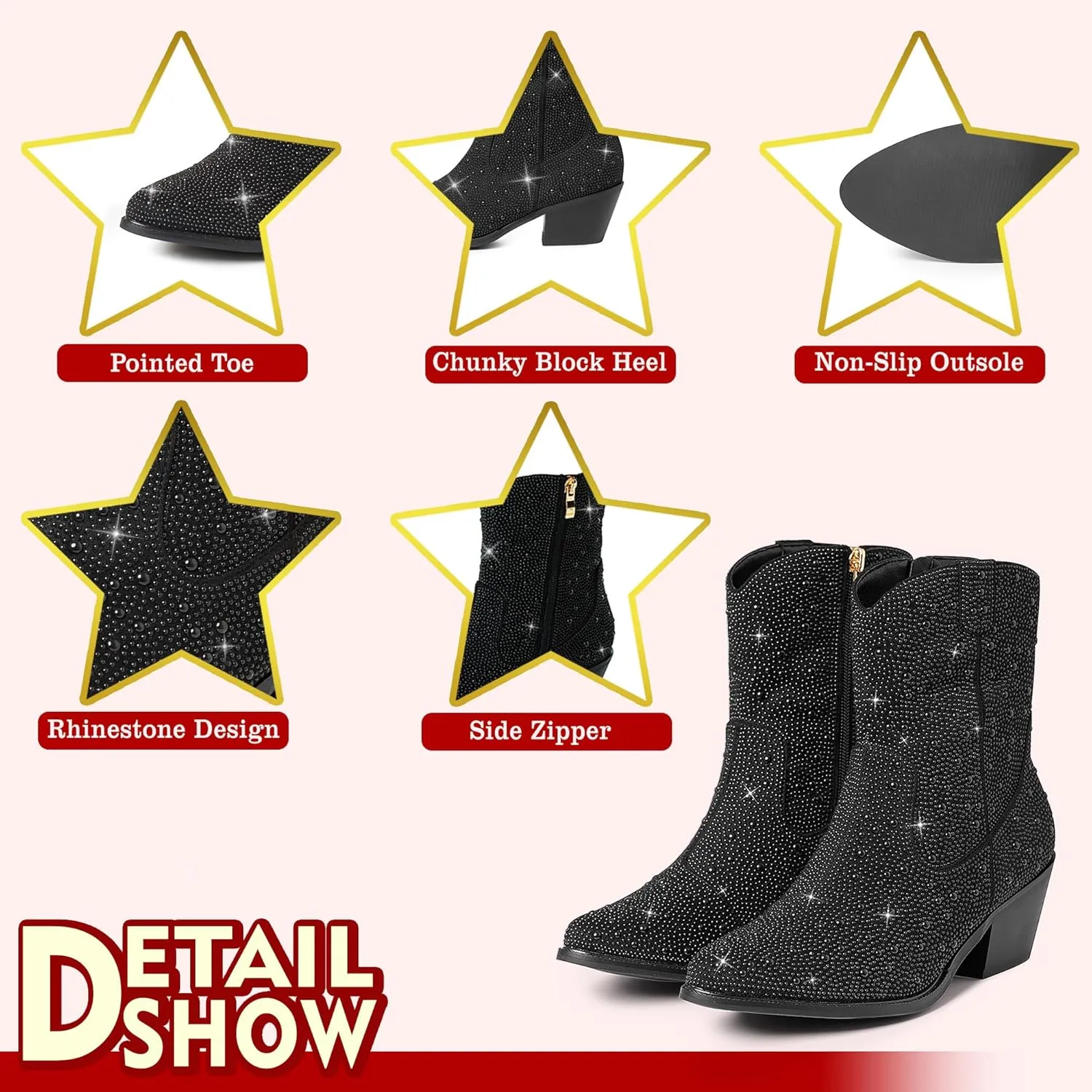Lyrisiphy Rhinestone Cowboy Boots for Women Pointed Toe Cowgirl Boots Sparkly Boots Glitter Boots Wide Calf Western Boots Pink Boots