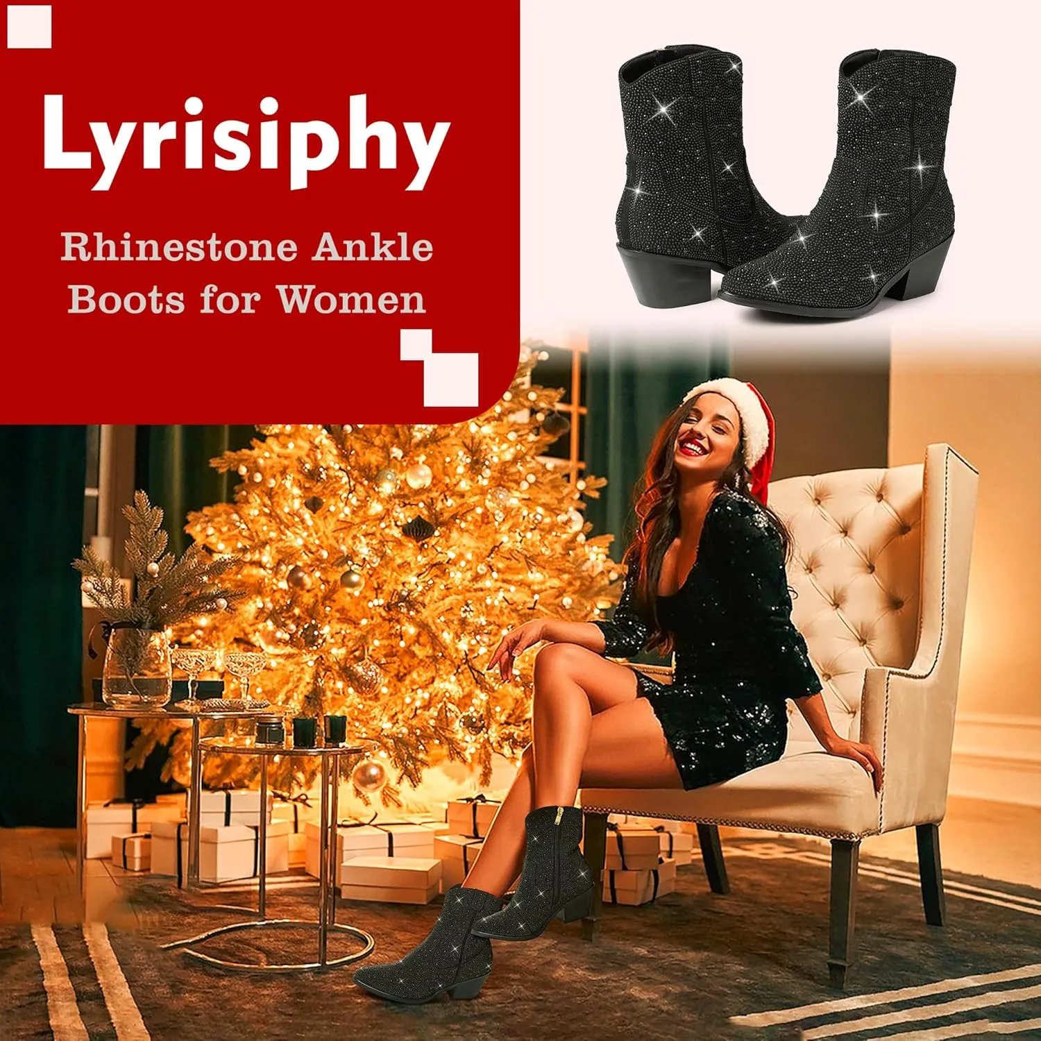 Lyrisiphy Rhinestone Cowboy Boots for Women Pointed Toe Cowgirl Boots Sparkly Boots Glitter Boots Wide Calf Western Boots Pink Boots
