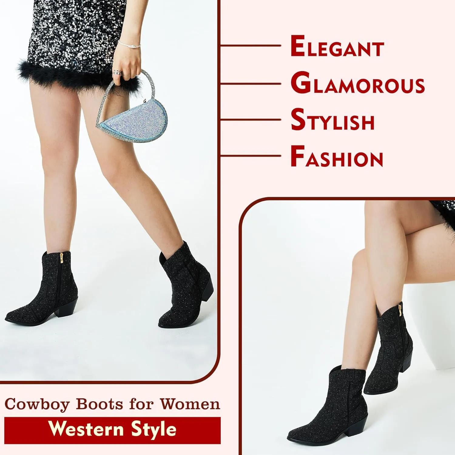 Lyrisiphy Rhinestone Cowboy Boots for Women Pointed Toe Cowgirl Boots Sparkly Boots Glitter Boots Wide Calf Western Boots Pink Boots