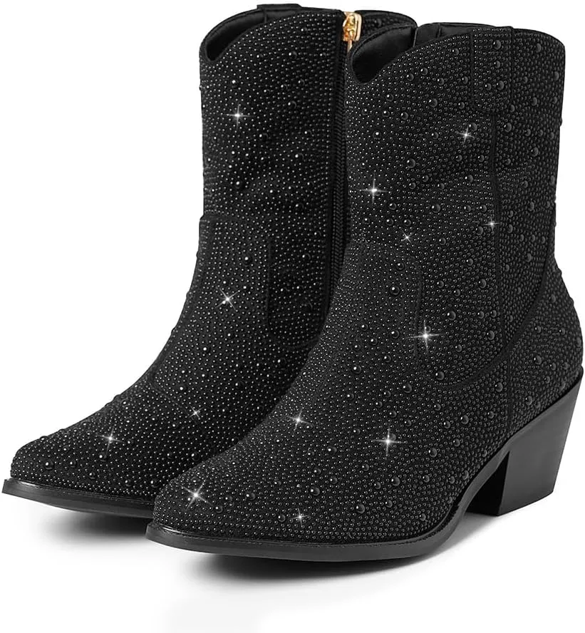Lyrisiphy Rhinestone Cowboy Boots for Women Pointed Toe Cowgirl Boots Sparkly Boots Glitter Boots Wide Calf Western Boots Pink Boots