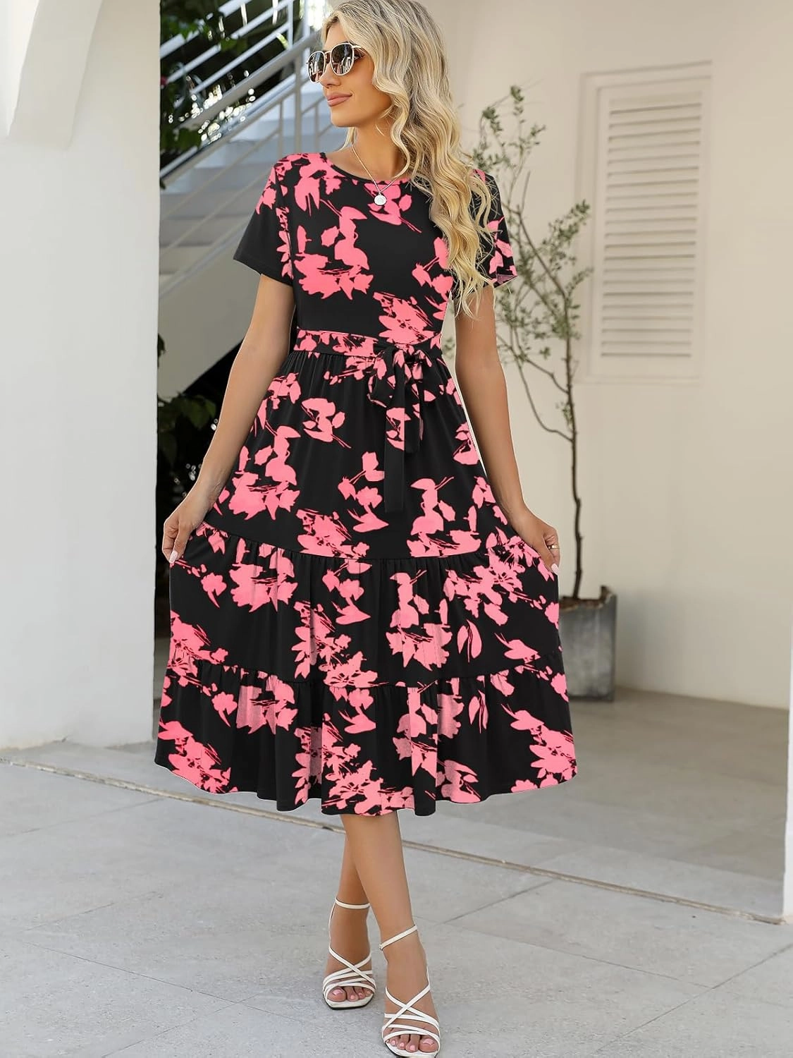 Lyrur Women's Dresses Casual Summer Tiered Midi Dress Short Sleeve Belted Ruffle Babydoll Boho Sundress with Pockets