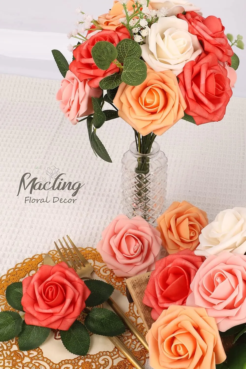 MACTING 30PCS Artificial Rose Flowers Real Touch Fake Flowers with Stem Foam Roses for DIY Wedding Bouquet Table Centerpieces Party Baby Shower Home Party Spring Mothers Day Decor(Mix Coral Series)