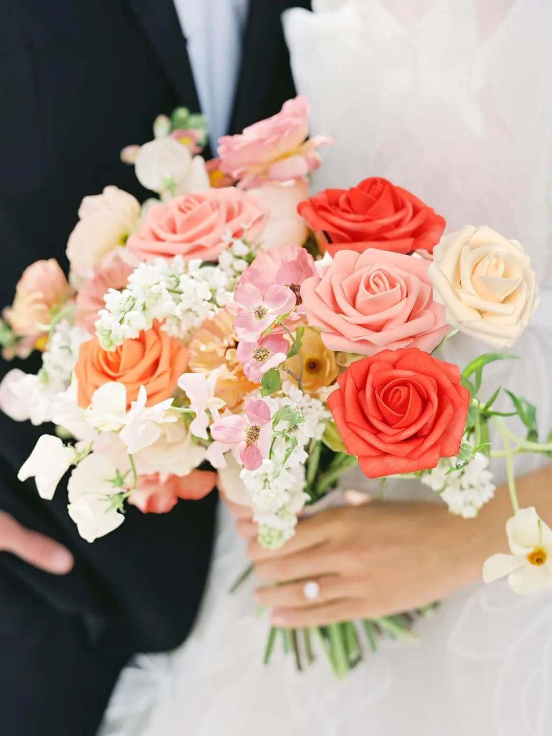 MACTING 30PCS Artificial Rose Flowers Real Touch Fake Flowers with Stem Foam Roses for DIY Wedding Bouquet Table Centerpieces Party Baby Shower Home Party Spring Mothers Day Decor(Mix Coral Series)