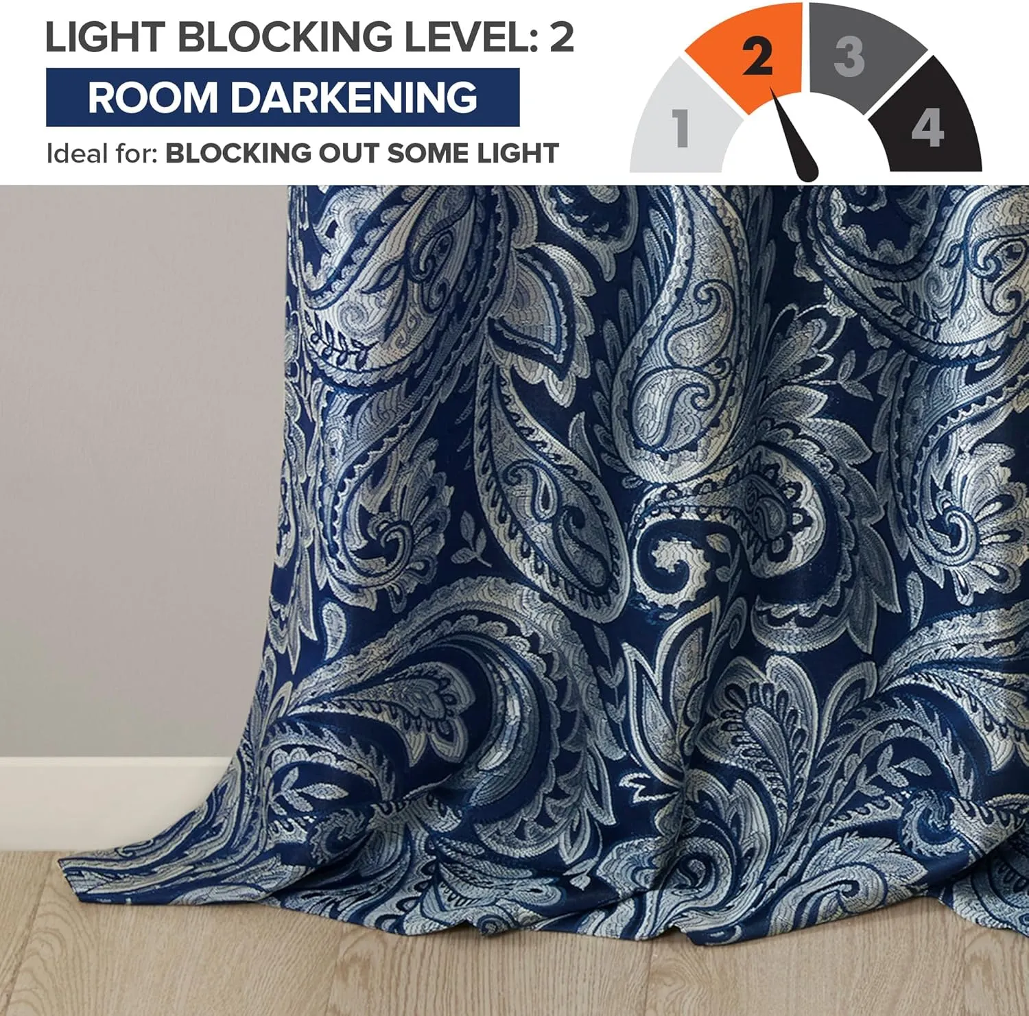 Madison Park Aubrey 2 Panel Curtain Faux Silk Paisley Jacquard, Rod Pocket Curtain For Living Room, Kitchen, Room Darkening Window Drape for Bedroom and Dorm, 2-PK 50x84", Navy