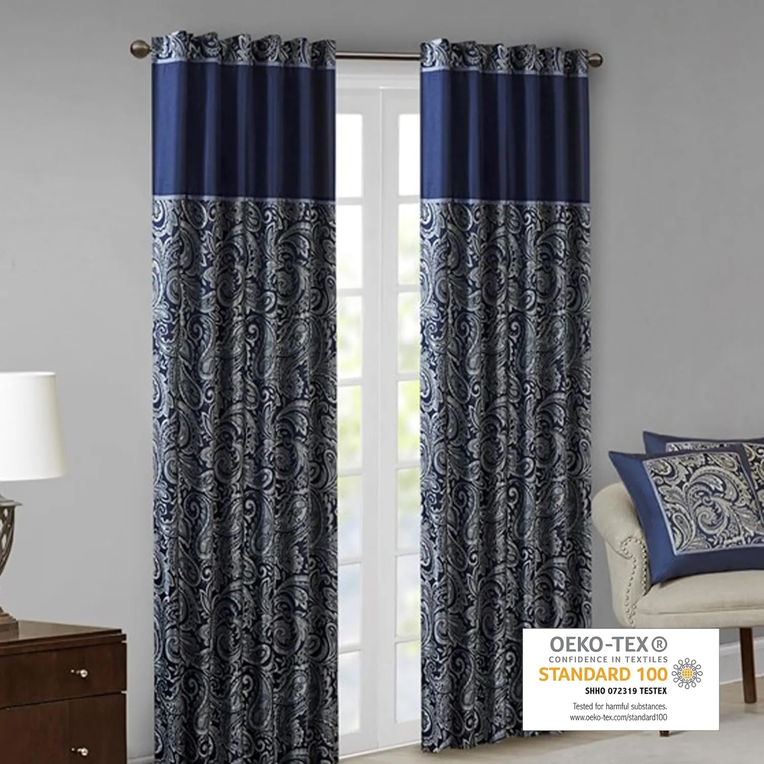 Madison Park Aubrey 2 Panel Curtain Faux Silk Paisley Jacquard, Rod Pocket Curtain For Living Room, Kitchen, Room Darkening Window Drape for Bedroom and Dorm, 2-PK 50x84", Navy