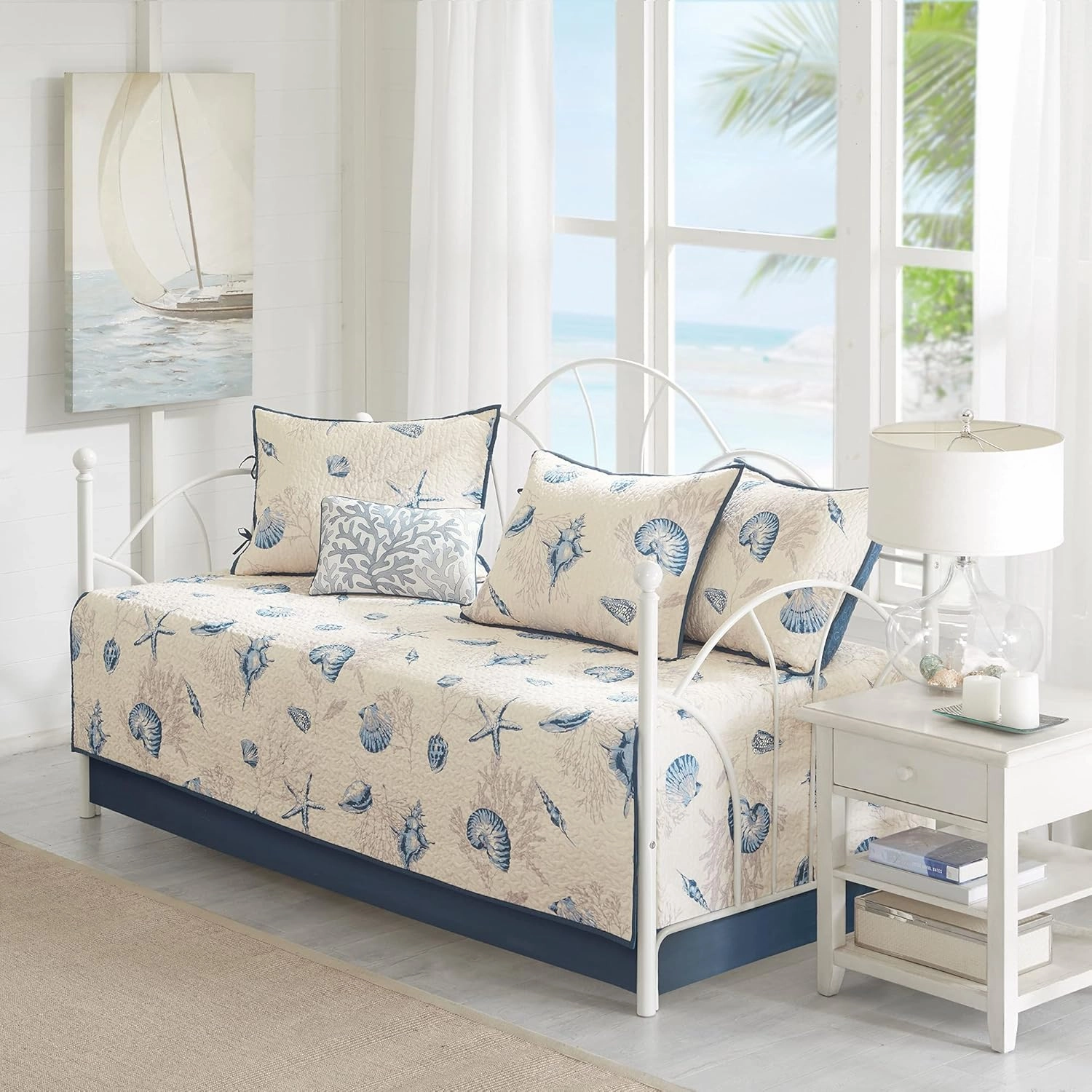 Madison Park Daybed Cover Double Sided Quilting Casual Design All Season Bedding Set with Bedskirt, Matching Shams, Decorative Pillow, 75 in x 39 in, Seashell Blue