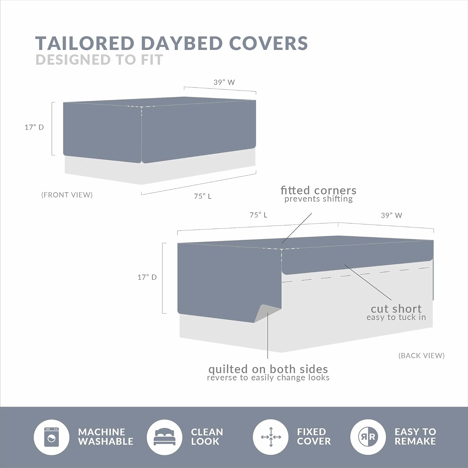 Madison Park Daybed Cover Double Sided Quilting Casual Design All Season Bedding Set with Bedskirt, Matching Shams, Decorative Pillow, 75 in x 39 in, Seashell Blue