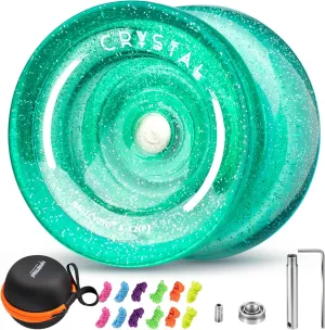 MAGICYOYO K2 Crystal Green Glitter Clear Yoyo, Finger Spin Trick Yoyo for Kids 8-12, Professional Unresponsive/Responsive Convertible Yo-Yo with 12 Strings   Ball Case Bag(Glitter Green)