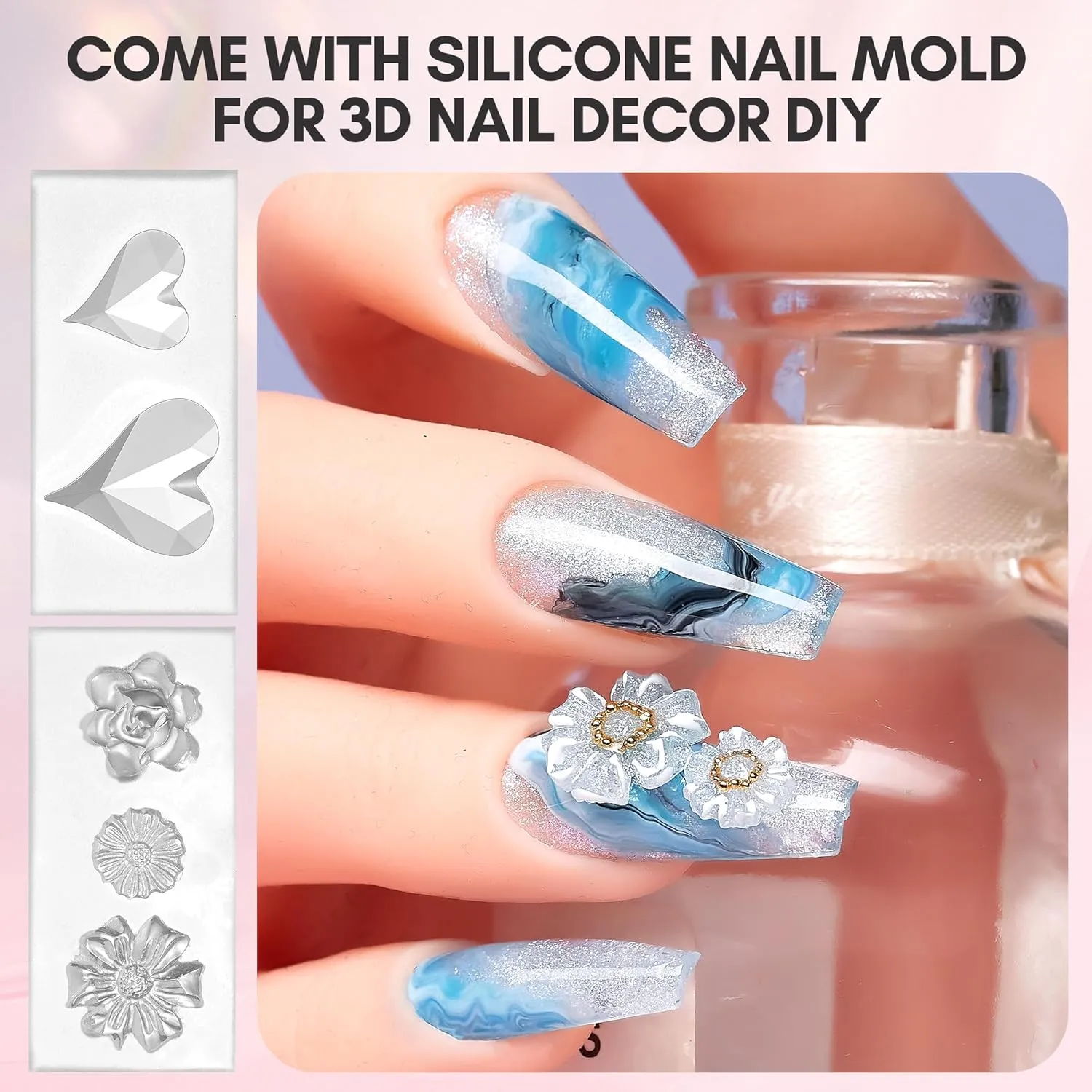 Makartt Solid Gel Builder for Nails Starter Kit: 3d Nail Gel Clear and Shimmers 4 Colors for Extension 3D Sculpting Carving DIY Manicure, Molding Hard Gels with Silicone Flower Molds Sculpture Brush
