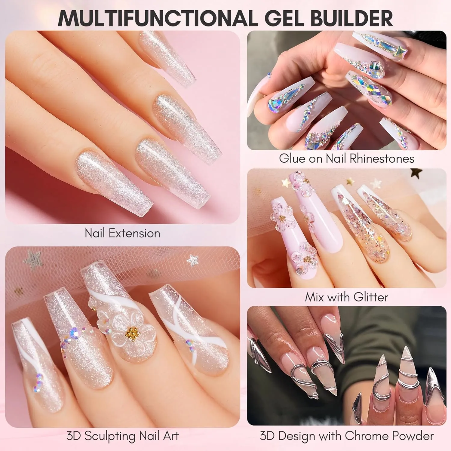Makartt Solid Gel Builder for Nails Starter Kit: 3d Nail Gel Clear and Shimmers 4 Colors for Extension 3D Sculpting Carving DIY Manicure, Molding Hard Gels with Silicone Flower Molds Sculpture Brush