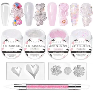 Makartt Solid Gel Builder for Nails Starter Kit: 3d Nail Gel Clear and Shimmers 4 Colors for Extension 3D Sculpting Carving DIY Manicure, Molding Hard Gels with Silicone Flower Molds Sculpture Brush
