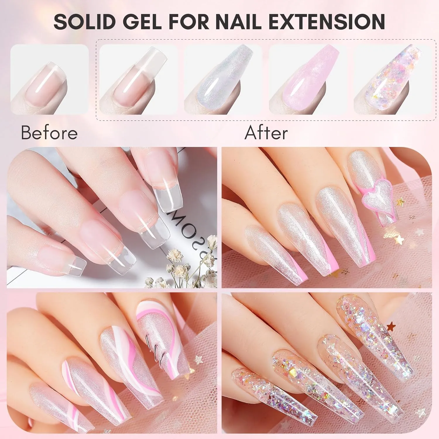Makartt Solid Gel Builder for Nails Starter Kit: 3d Nail Gel Clear and Shimmers 4 Colors for Extension 3D Sculpting Carving DIY Manicure, Molding Hard Gels with Silicone Flower Molds Sculpture Brush