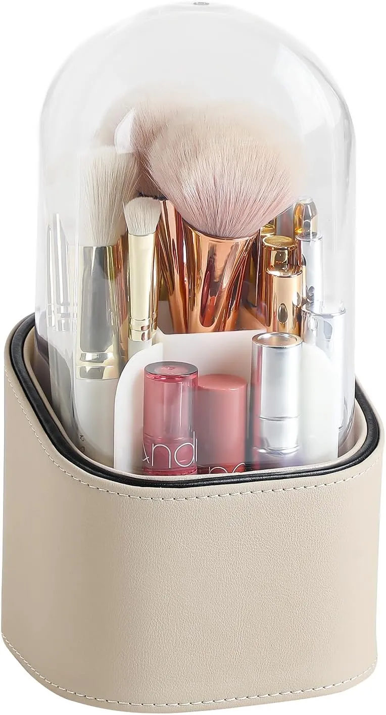 Makeup Brush Holder with Lid, PU Leather Makeup Brush Organizer for Vanity Bathroom Countertop, Dustproof Makeup Organizers (Beige)