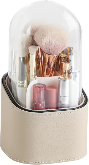 Makeup Brush Holder with Lid, PU Leather Makeup Brush Organizer for Vanity Bathroom Countertop, Dustproof Makeup Organizers (Beige)