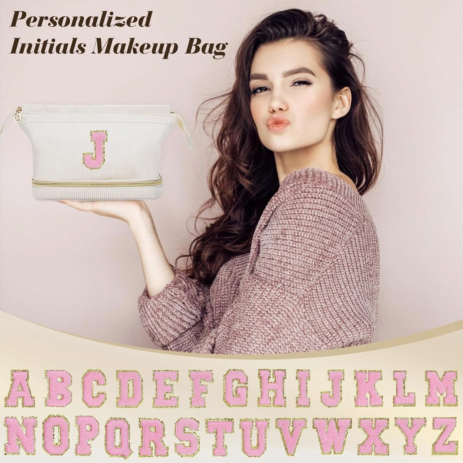 Makeup Bag for Girls Gift, Personalized Graduation Gifts Initial Women Makeup Bag for Travel, Teacher Appreciation Gifts Preppy Make up Bag Cosmetic Bag 18th Birthday Gifts for Teen Girl Trendy - M