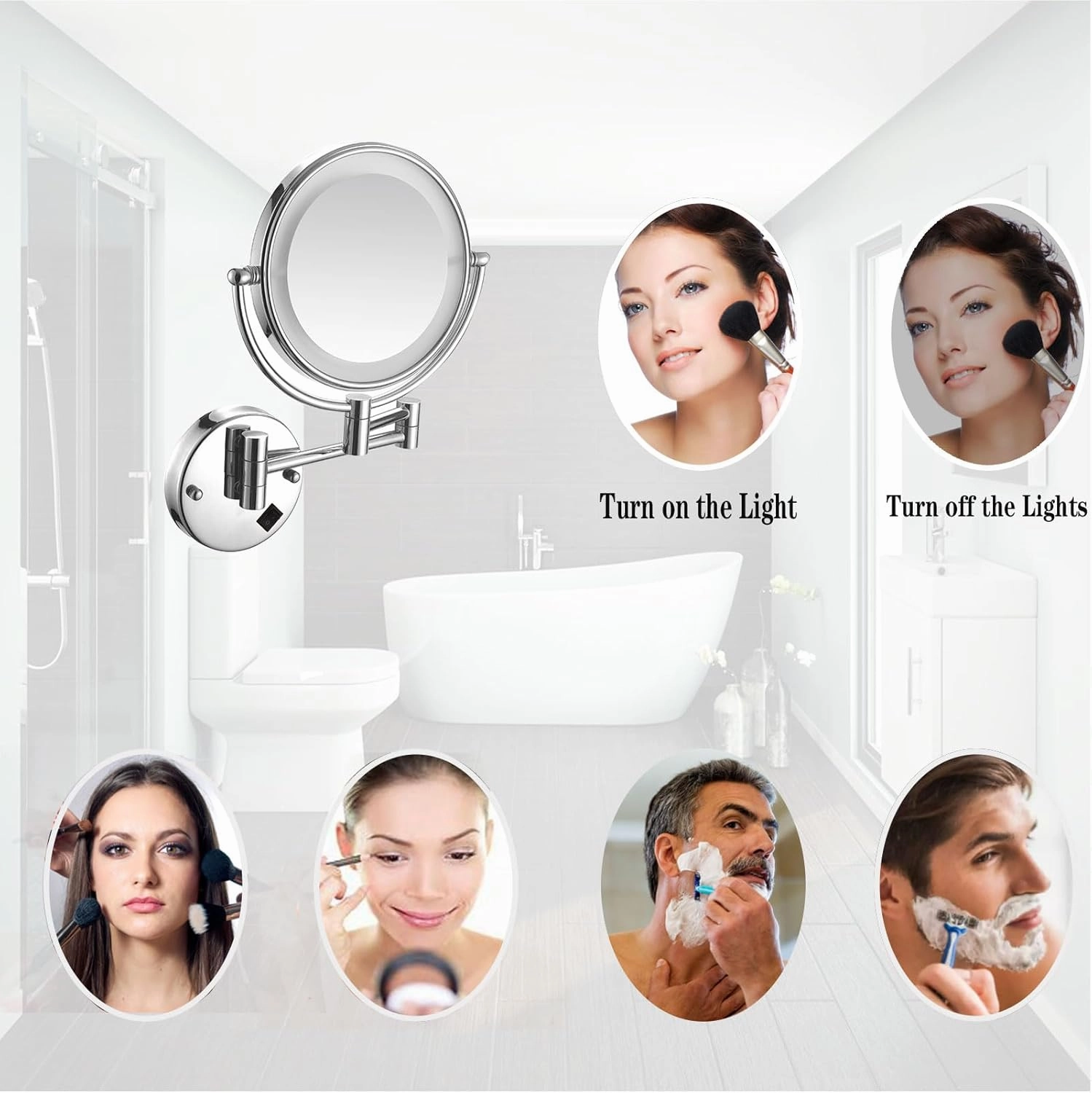 Makeup Mirror Wall Mounted, LED Lighted Cosmetic Mirror with Magnification, 360° Swivel Vanity Mirror, Double Sided Bathroom Mirror, for Make up, Shave Wait (Silver Concealed 10X)